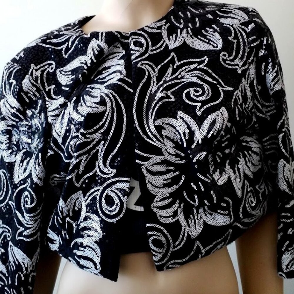 Alex Evenings Crop Jacket -  Black White Sequined